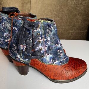 Socofy Womens Bohemian Floral Pattern Leather Zip Ankle Bootie Size 36 USA 5.5